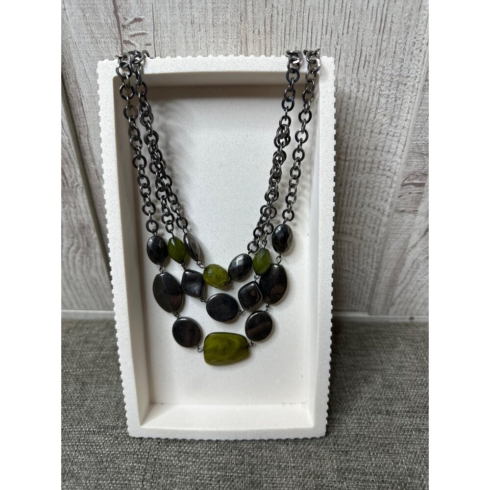 Multi-Strand Silver-Tone Chain Necklace w/Green & Silver Accents Womens Fashion